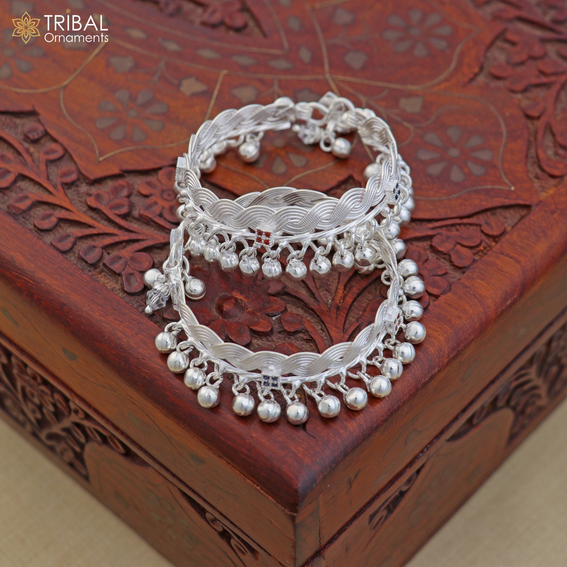 Sterling silver customized baby anklet with jingling charms from TRIBAL ORNAMENTS, suitable for kids and special gifts.