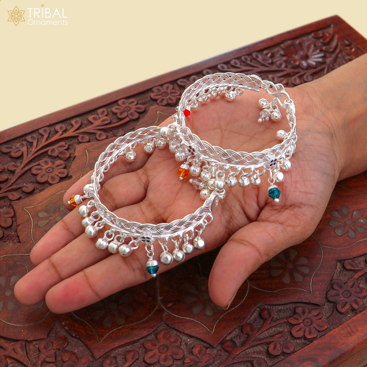 Sterling silver baby anklet with personalized design, featuring jingling charms, by TRIBAL ORNAMENTS for kids' gift jewelry.