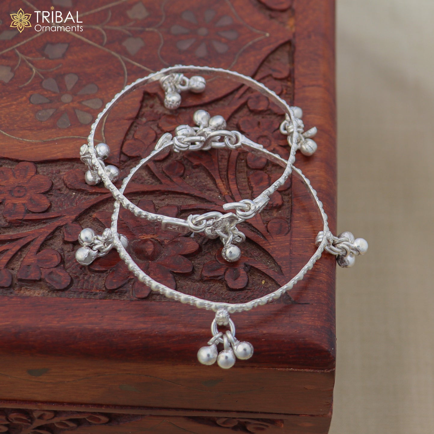 925 Sterling silver customized baby anklet with jingling charms, perfect for kids' jewelry from TRIBAL ORNAMENTS.
