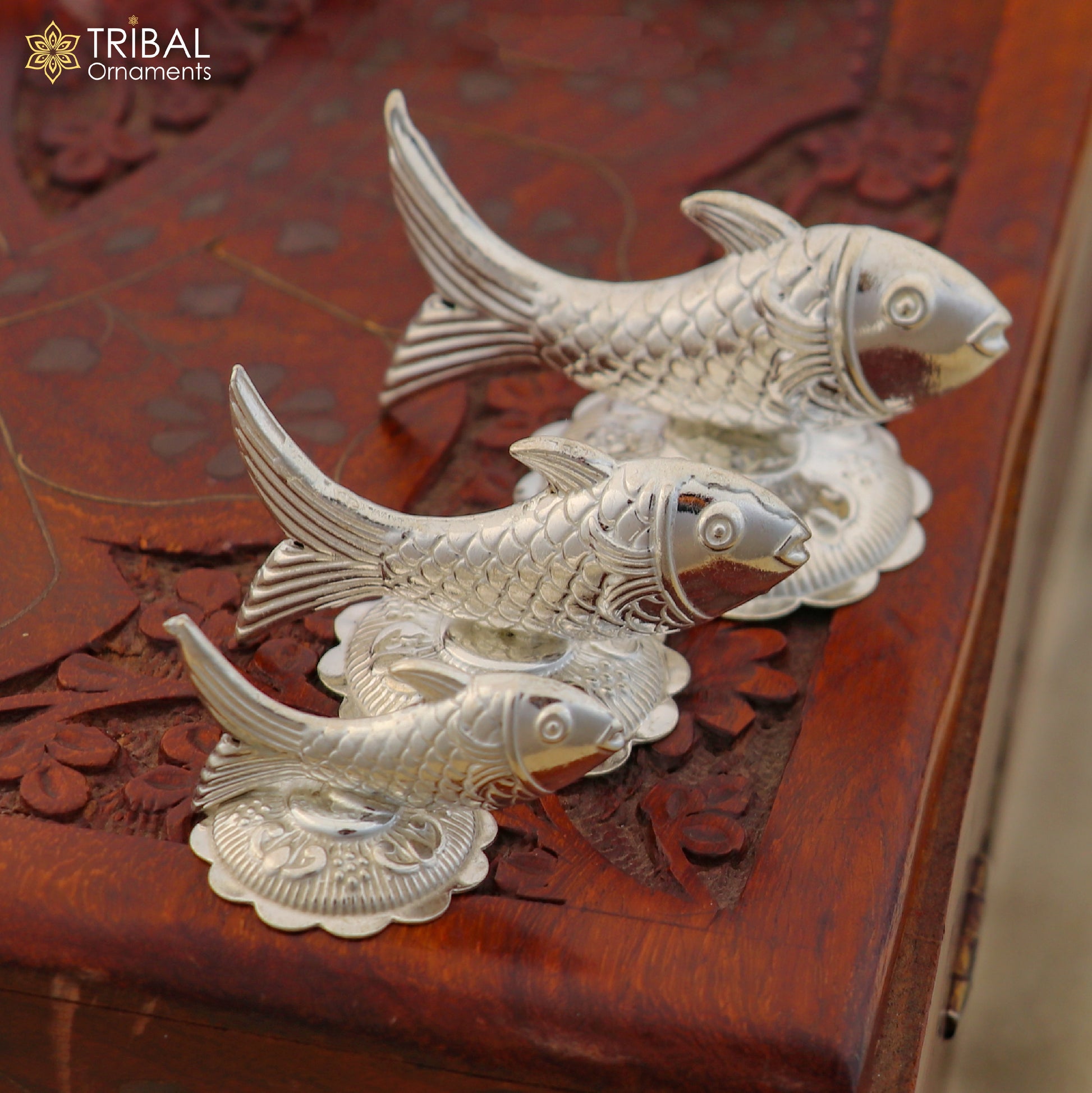 925 sterling silver Lord Vishnu Matsya fish sculpture, traditional silver puja fish for prosperity and good luck, by Tribal Ornaments