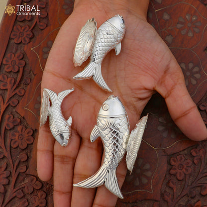 925 sterling silver Lord Vishnu Matsya fish pendant, detailed silver puja fish symbol for prosperity and good luck, tribal ornament style