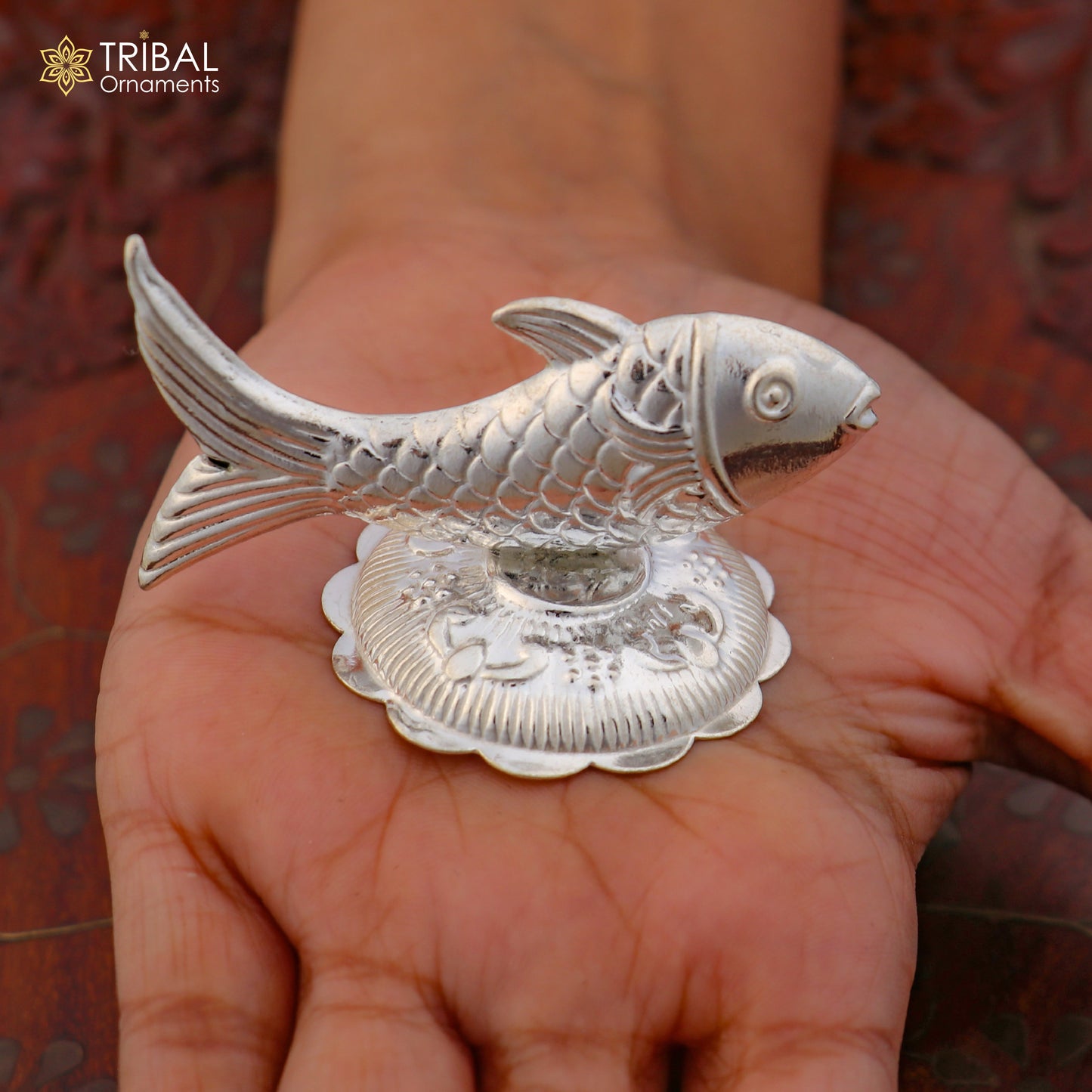 925 sterling silver Lord Vishnu Matsya fish sculpture, detailed Puja fish for prosperity and good luck, crafted by TRIBAL ORNAMENTS