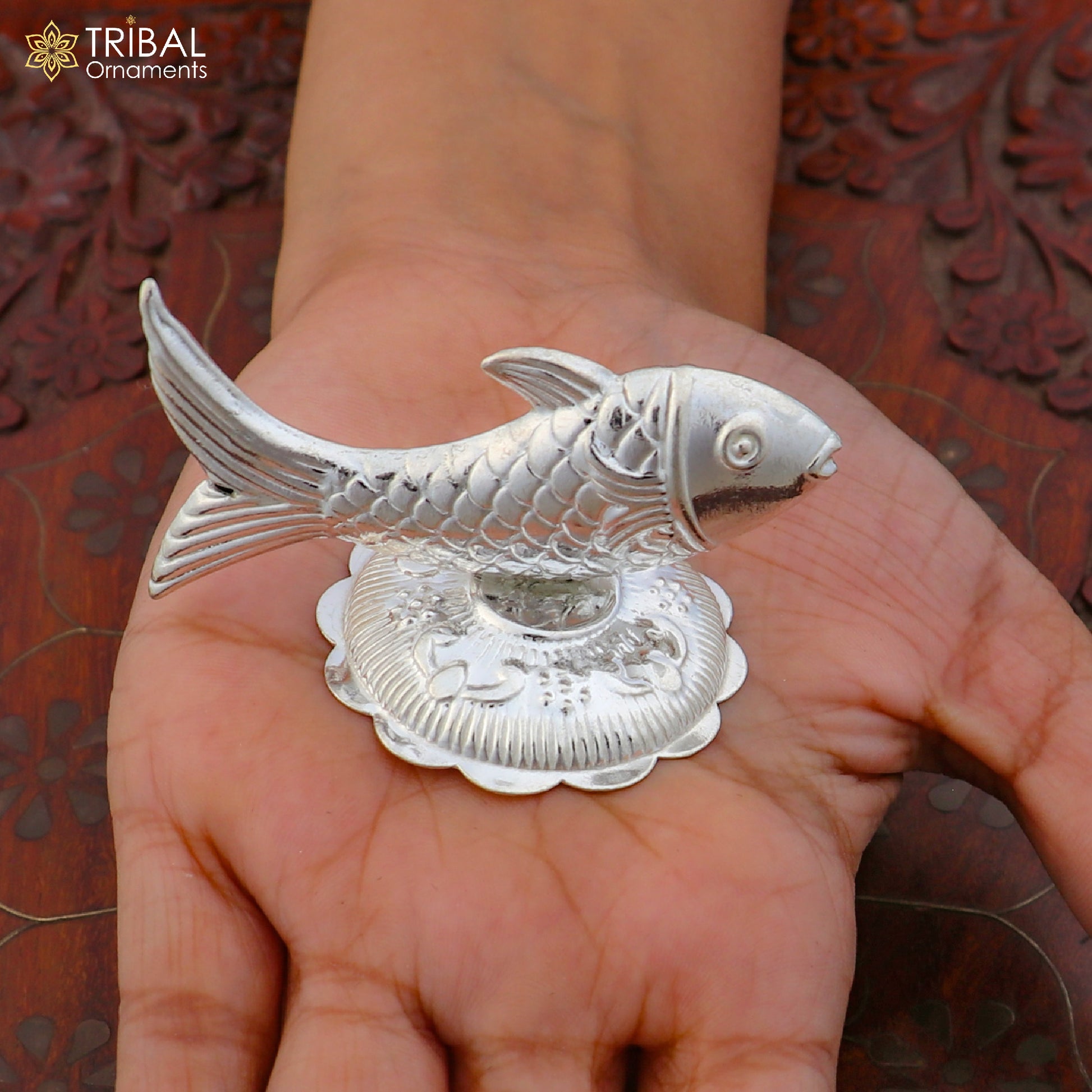 925 sterling silver Lord Vishnu Matsya fish pendant, detailed silver puja fish symbol for prosperity and good luck.