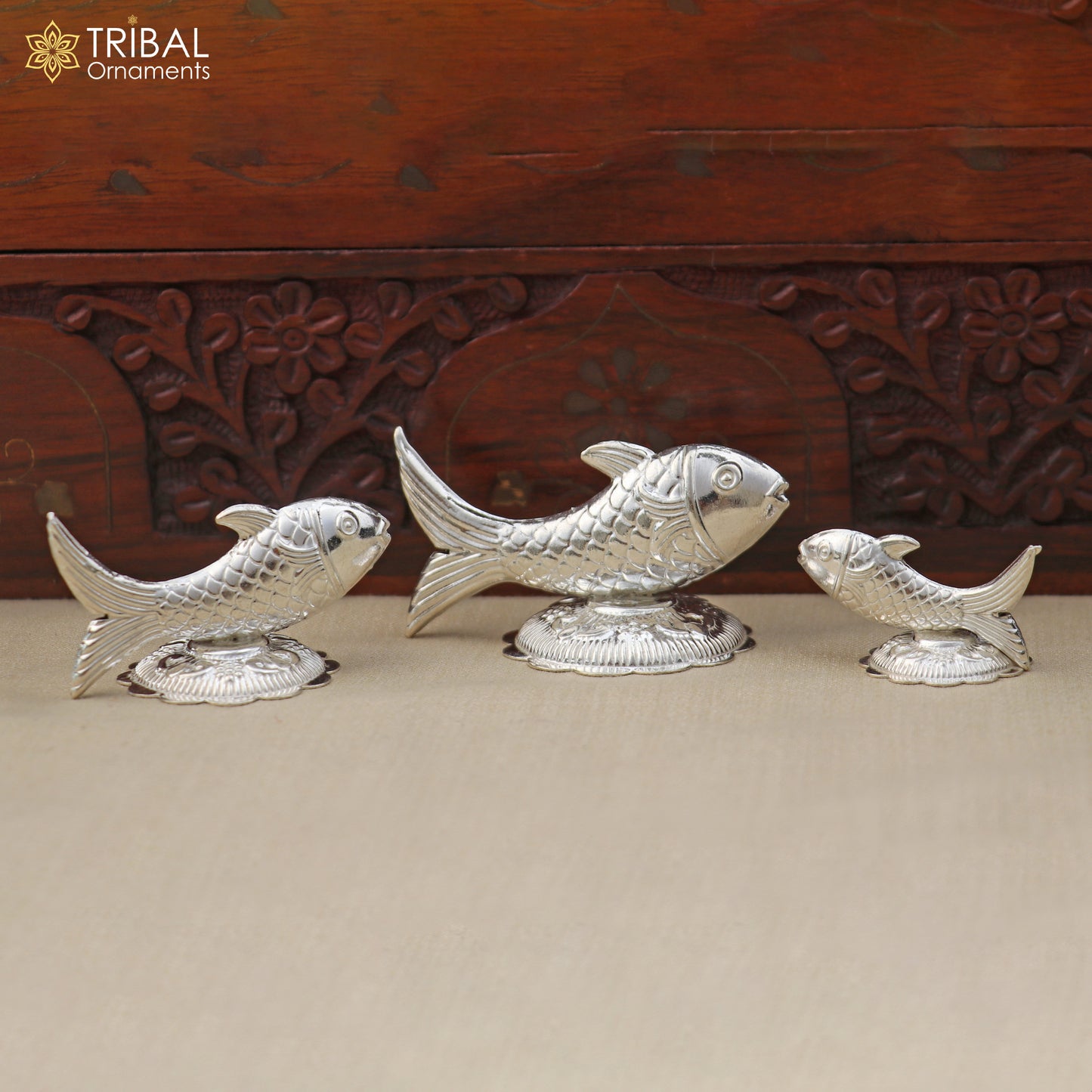 925 sterling silver Lord Vishnu Matsya fish sculpture, detailed silver puja fish for prosperity and good luck by TRIBAL ORNAMENTS