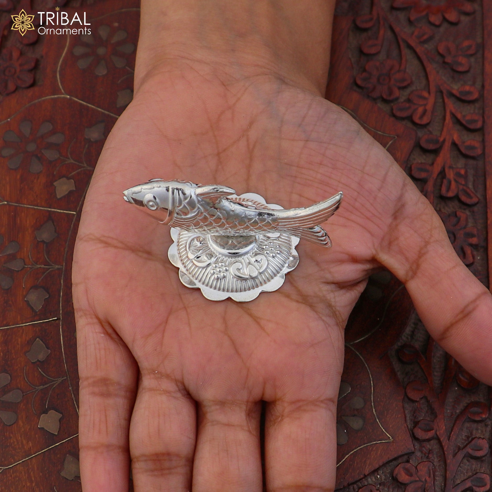 925 sterling silver Lord Vishnu Matsya fish ornament, detailed silver Puja fish for prosperity and good luck, from TRIBAL ORNAMENTS.