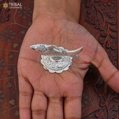 925 sterling silver Lord Vishnu Matsya fish ornament, a traditional silver puja fish for prosperity and good luck.