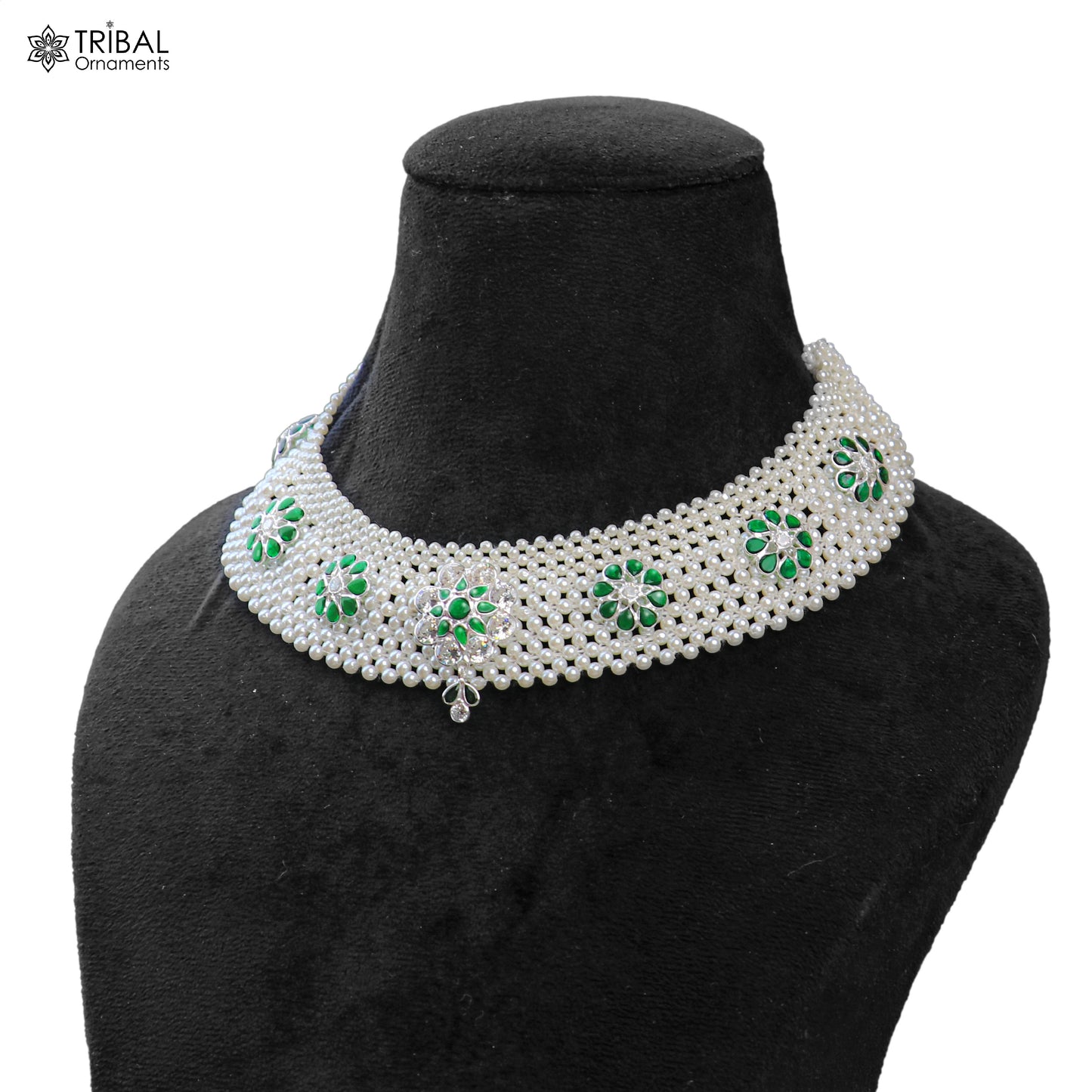 Indian traditional cultural design silver white pearl choker necklace set jewelry set802 - TRIBAL ORNAMENTS