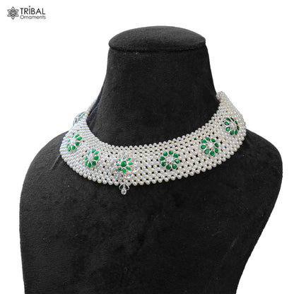 Indian traditional cultural design silver white pearl choker necklace set jewelry set802 - TRIBAL ORNAMENTS