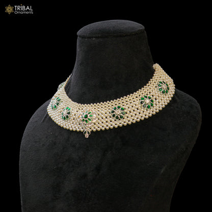 Indian traditional cultural design silver white pearl choker necklace set jewelry set802 - TRIBAL ORNAMENTS