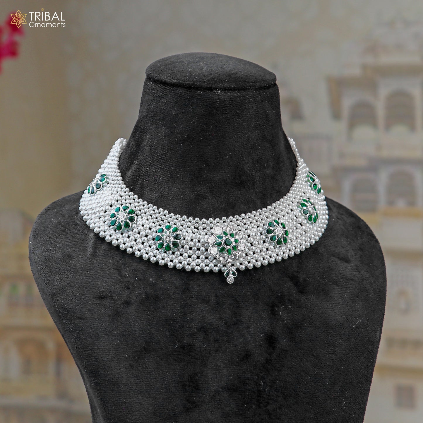 Indian traditional cultural design silver white pearl choker necklace set jewelry set802 - TRIBAL ORNAMENTS