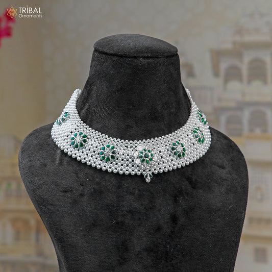 Indian traditional cultural design silver white pearl choker necklace set jewelry set802 - TRIBAL ORNAMENTS