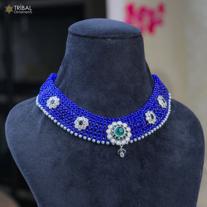 Indian traditional silver blue choker necklace set with intricate cultural design, crafted by TRIBAL ORNAMENTS.