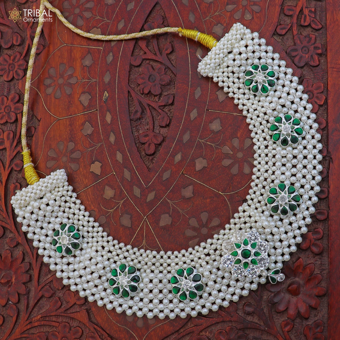 Indian traditional cultural design silver white pearl choker necklace set jewelry set802 - TRIBAL ORNAMENTS