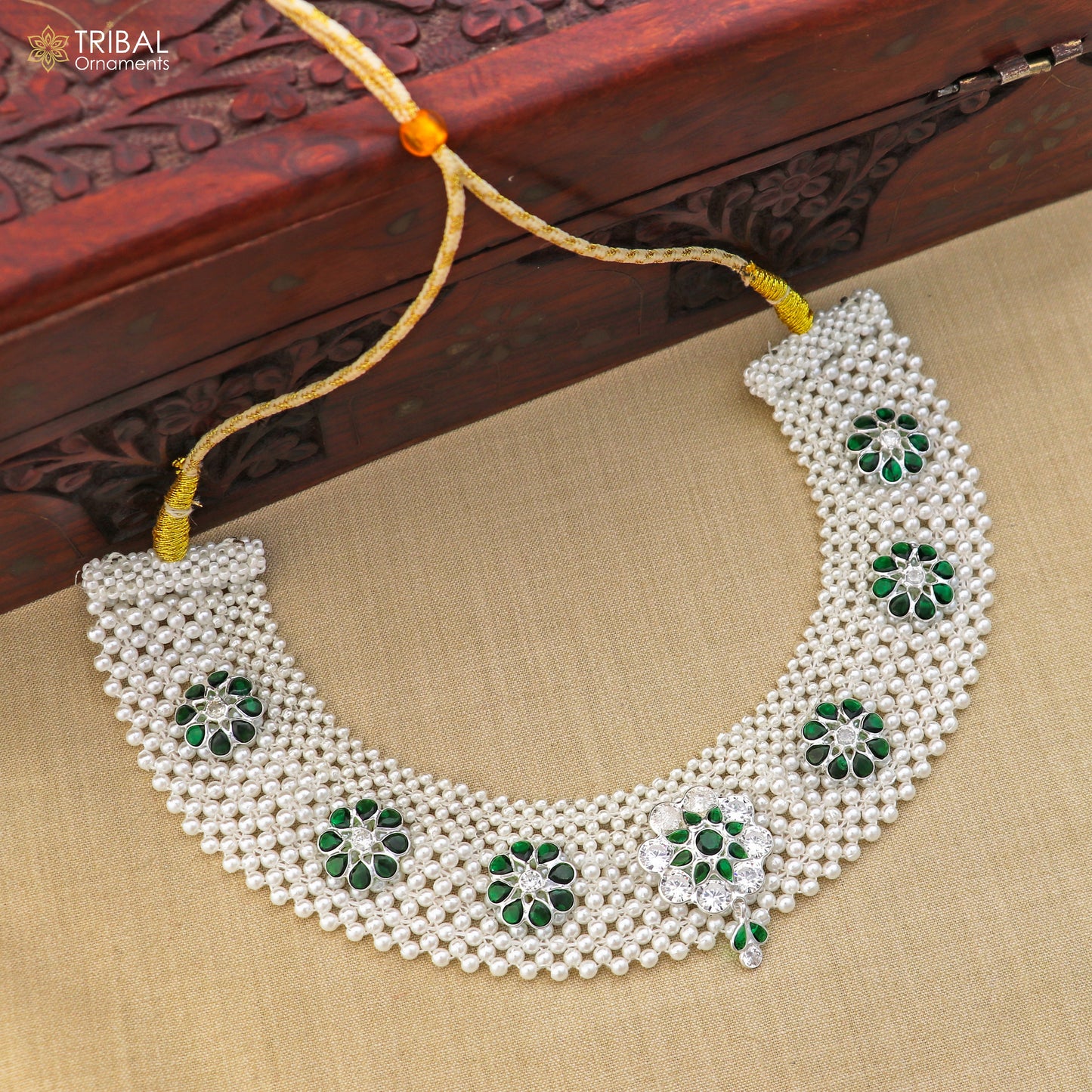 Indian traditional cultural design silver white pearl choker necklace set jewelry set802 - TRIBAL ORNAMENTS