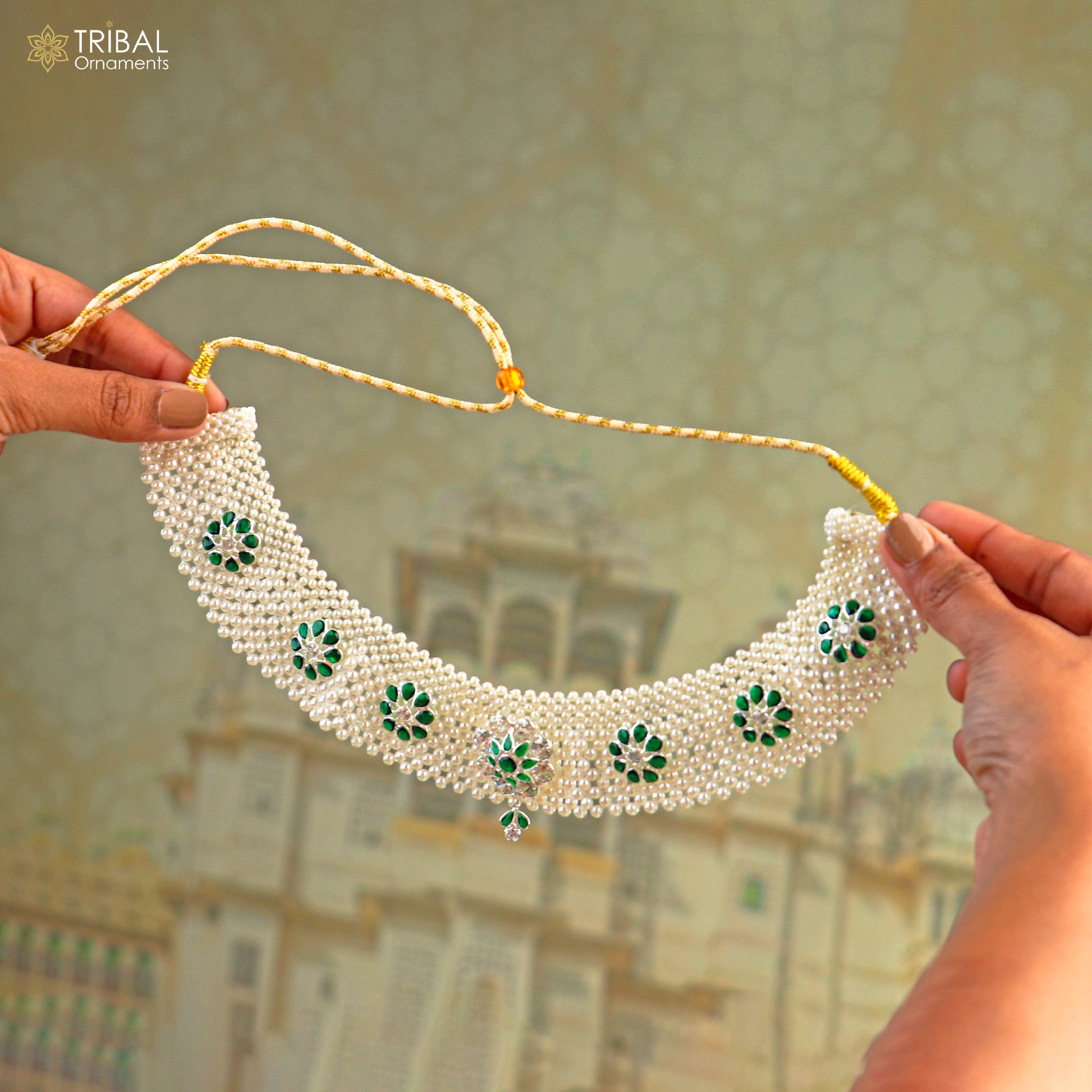 Indian traditional cultural design silver white pearl choker necklace set jewelry set802 - TRIBAL ORNAMENTS