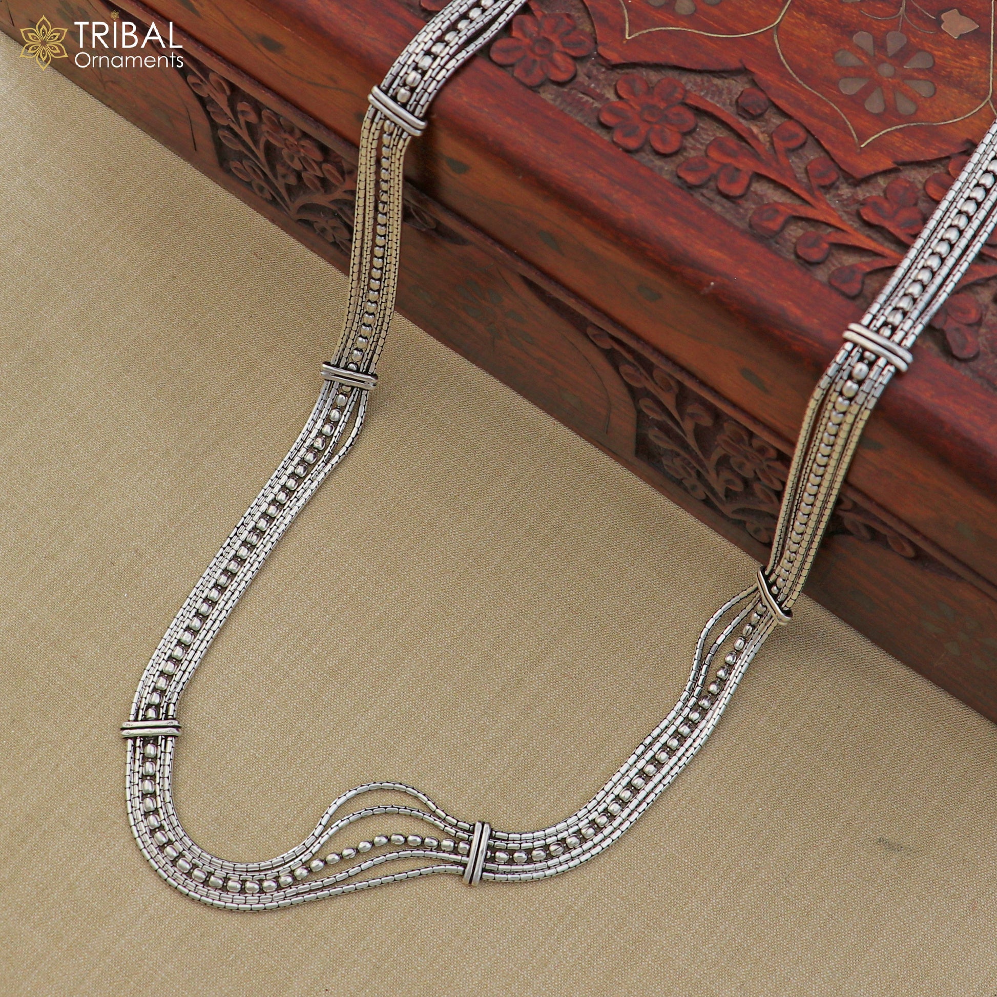 Sterling silver adjustable vintage-style multiline belly chain with traditional design, ideal as a saree or waist chain.