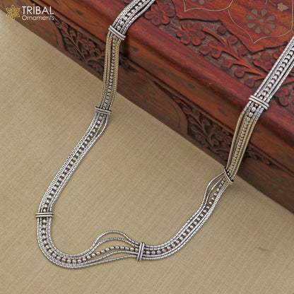 Sterling silver adjustable vintage-style multiline belly chain with traditional design, ideal as a saree or waist chain.