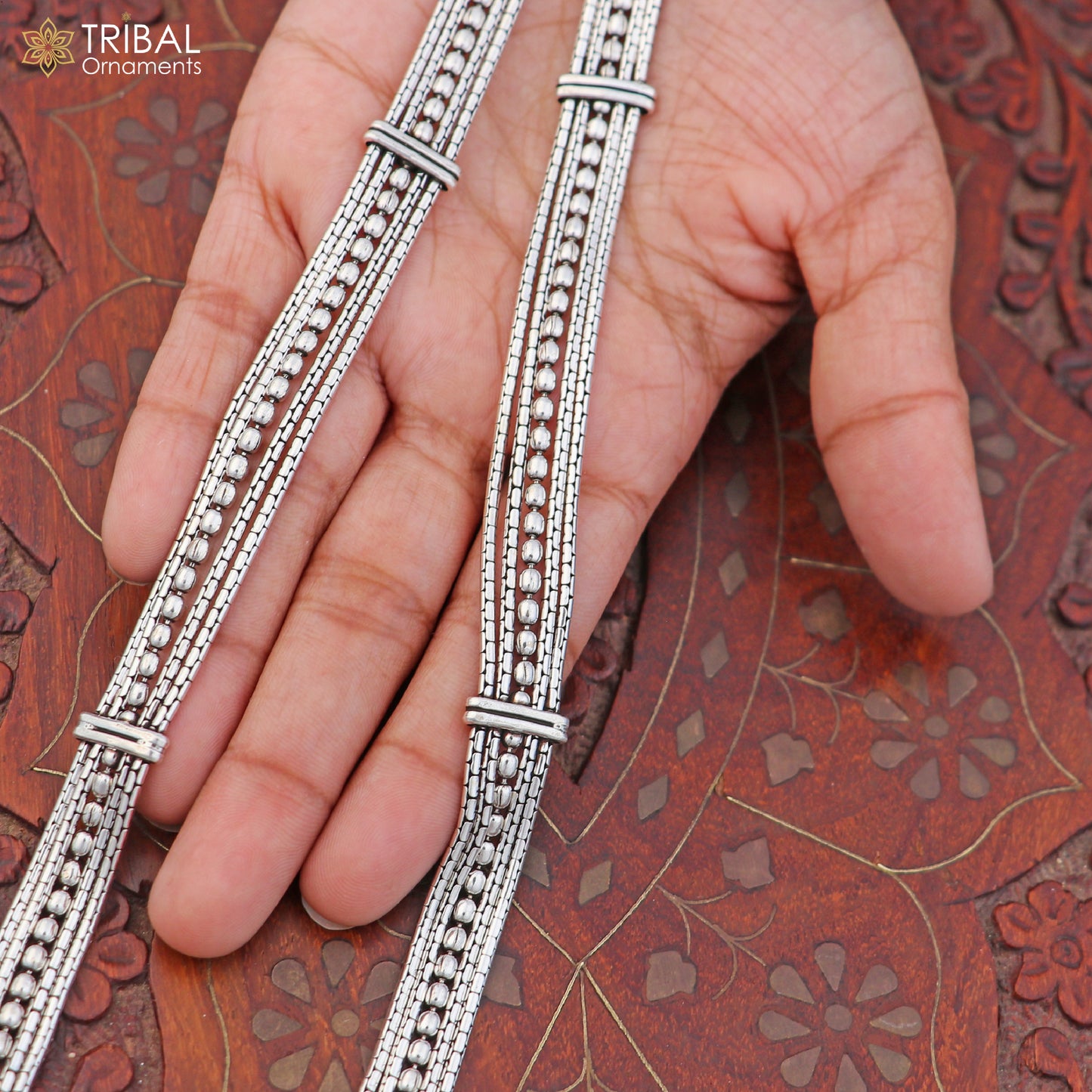 925 Sterling silver adjustable vintage multiline belly chain with tribal design, perfect as a saree waist chain accessory.