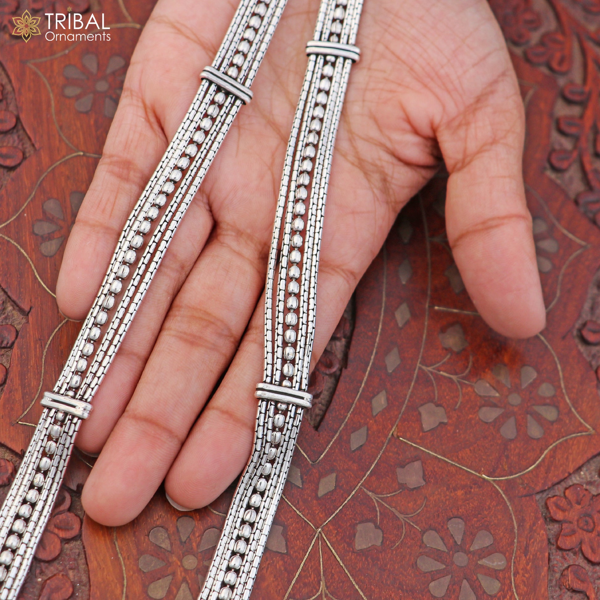 925 Sterling silver adjustable vintage multiline belly chain with tribal design, perfect as a saree waist chain accessory.