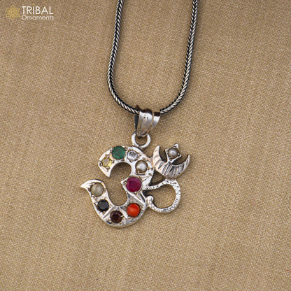 Sterling silver Navaratnam style Om pendant by TRIBAL ORNAMENTS featuring intricate design and traditional jewelry craftsmanship.