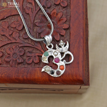 925 sterling silver Navaratnam style Om pendant from TRIBAL ORNAMENTS, featuring detailed Om symbol design on a polished pendant.