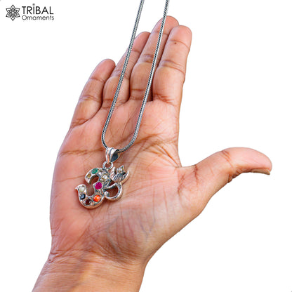 925 sterling silver Navaratnam style Om pendant jewelry by TRIBAL ORNAMENTS, featuring intricate design and traditional symbolism.
