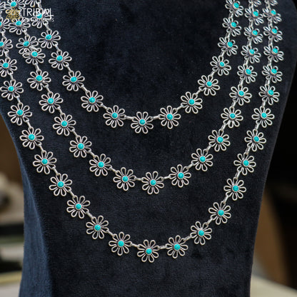 Sterling silver floral style turquoise stone 3-line necklace set by TRIBAL ORNAMENTS featuring ethnic jewelry design.