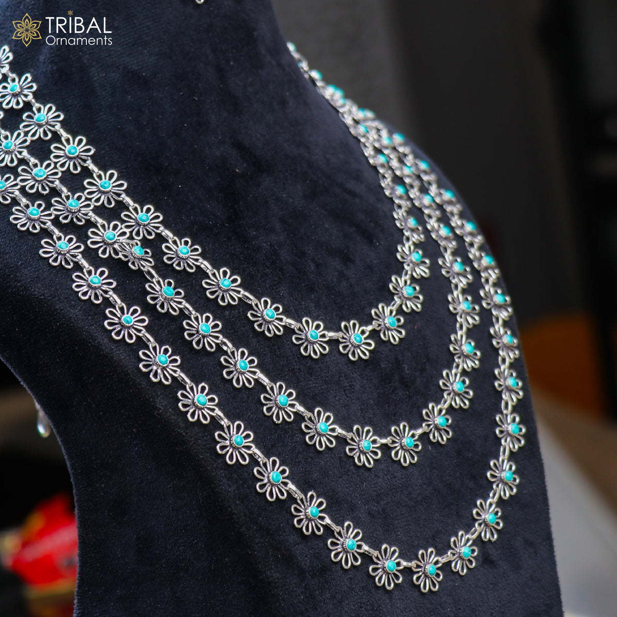 Sterling silver floral-style turquoise stone 3-line necklace set from TRIBAL ORNAMENTS, featuring ethnic jewelry with intricate design.
