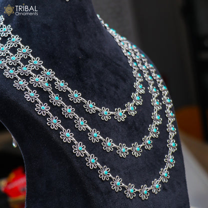 Sterling silver floral-style turquoise stone 3-line necklace set from TRIBAL ORNAMENTS, featuring ethnic jewelry with intricate design.