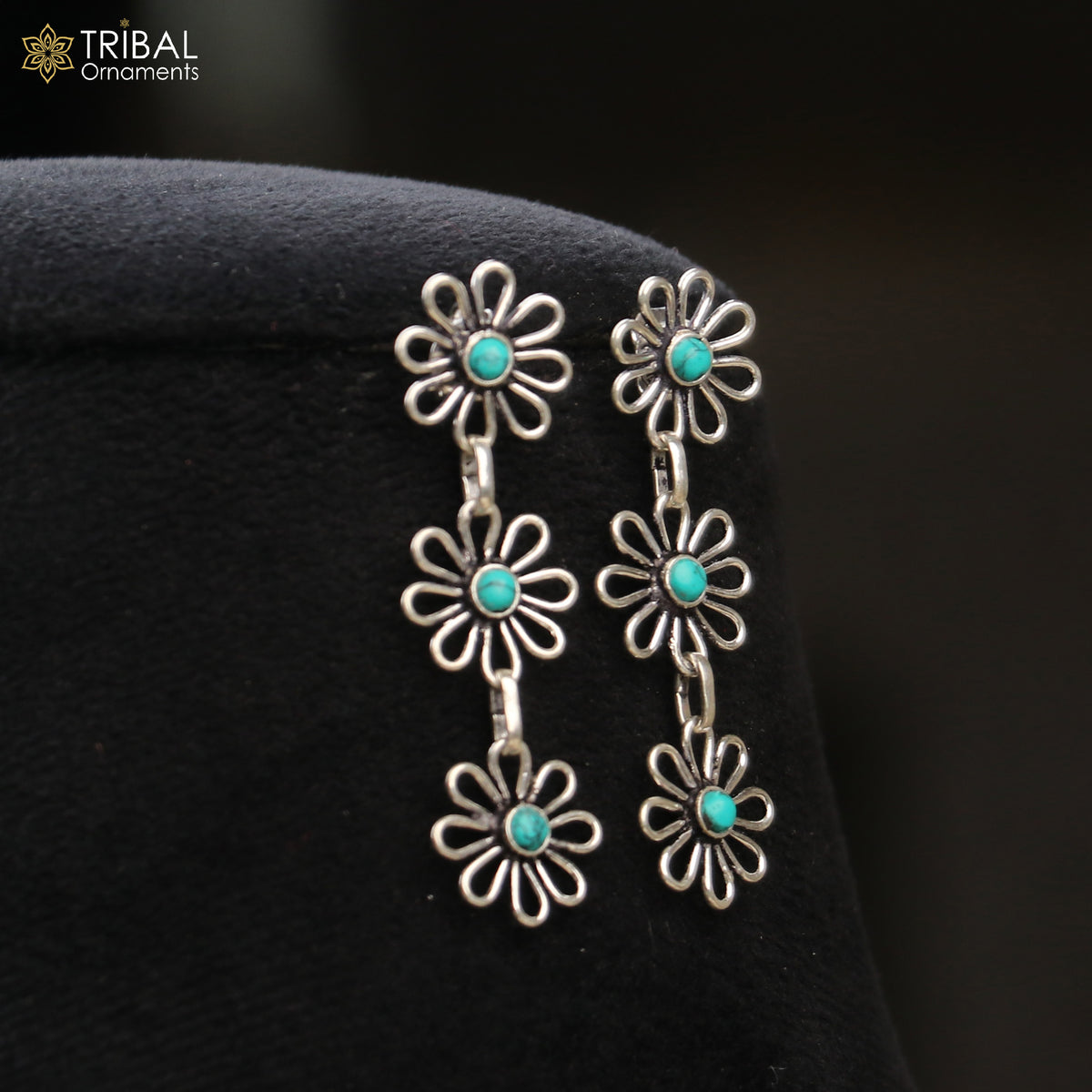 Sterling silver floral style turquoise stone 3-line necklace set from TRIBAL ORNAMENTS, featuring ethnic jewelry design.