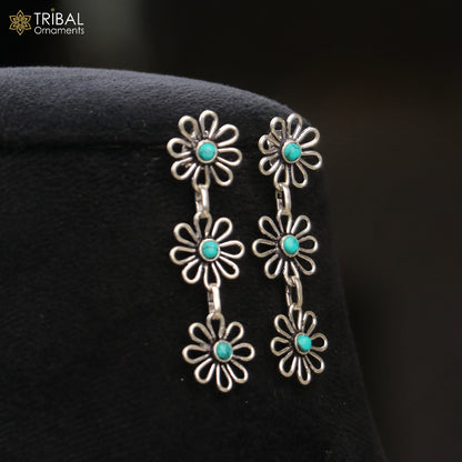 Sterling silver floral style turquoise stone 3-line necklace set from TRIBAL ORNAMENTS, featuring ethnic jewelry design.