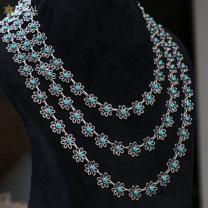 925 sterling silver floral style turquoise stone 3-line necklace set with ethnic jewelry design by TRIBAL ORNAMENTS