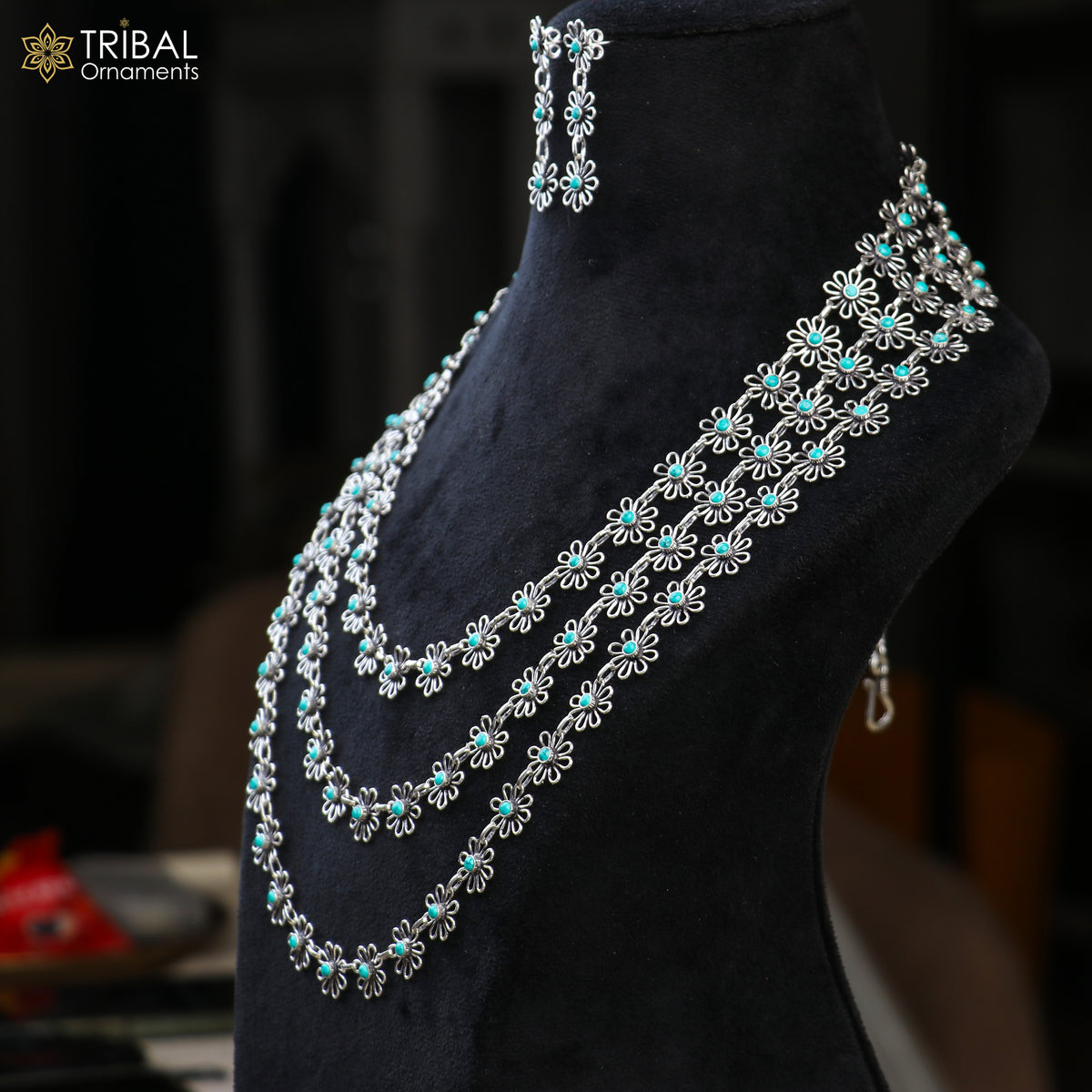 925 sterling silver floral turquoise stone 3-line necklace set with ethnic jewelry design by TRIBAL ORNAMENTS