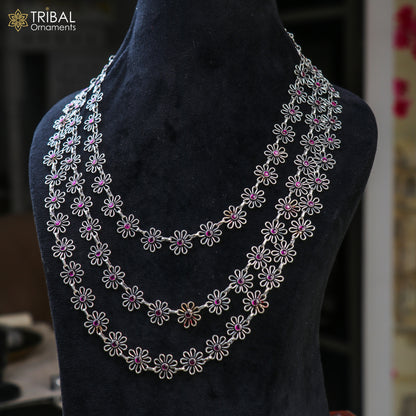 Sterling silver floral-style red stone 3-line necklace set by TRIBAL ORNAMENTS, featuring intricate ethnic jewelry design.