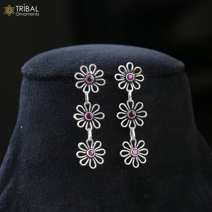 Sterling silver floral style red stone 3-line necklace set with ethnic jewelry design by TRIBAL ORNAMENTS.