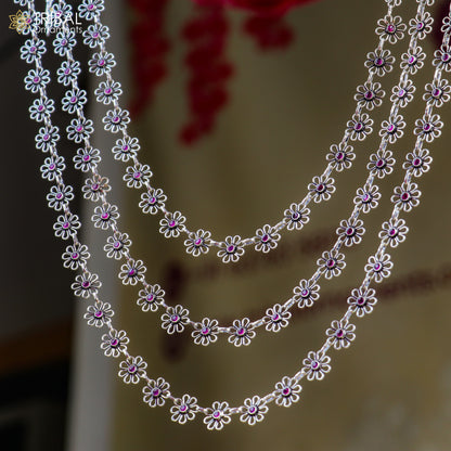 925 sterling silver floral style red stone 3-line necklace set with ethnic jewelry design, featuring intricate craftsmanship and vibrant stones