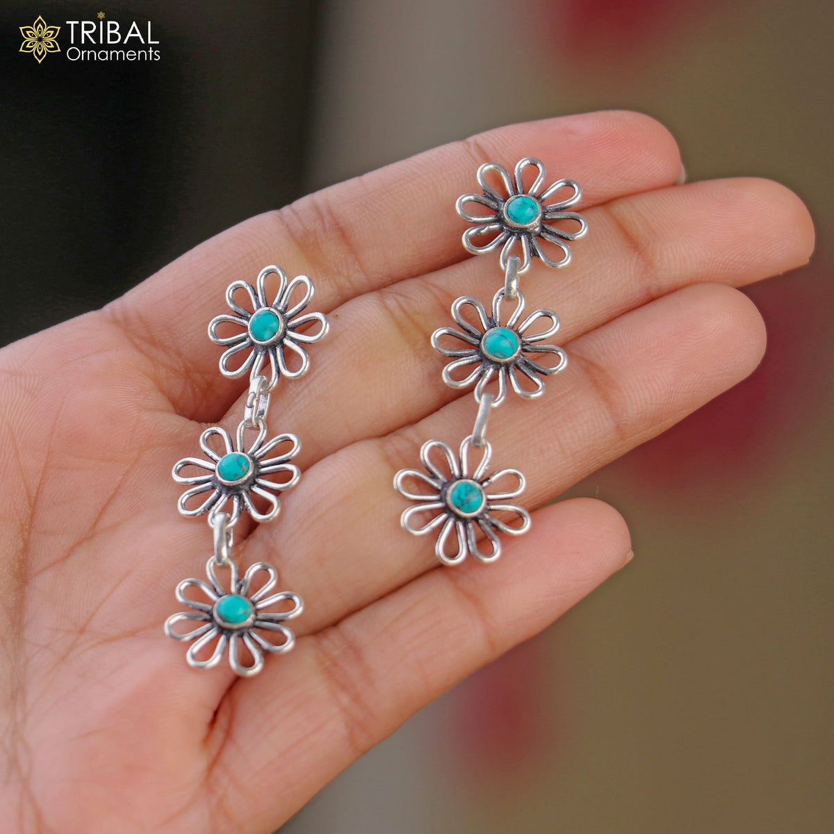 Sterling silver floral-style turquoise stone 3-line necklace set from TRIBAL ORNAMENTS, featuring intricate ethnic jewelry design.
