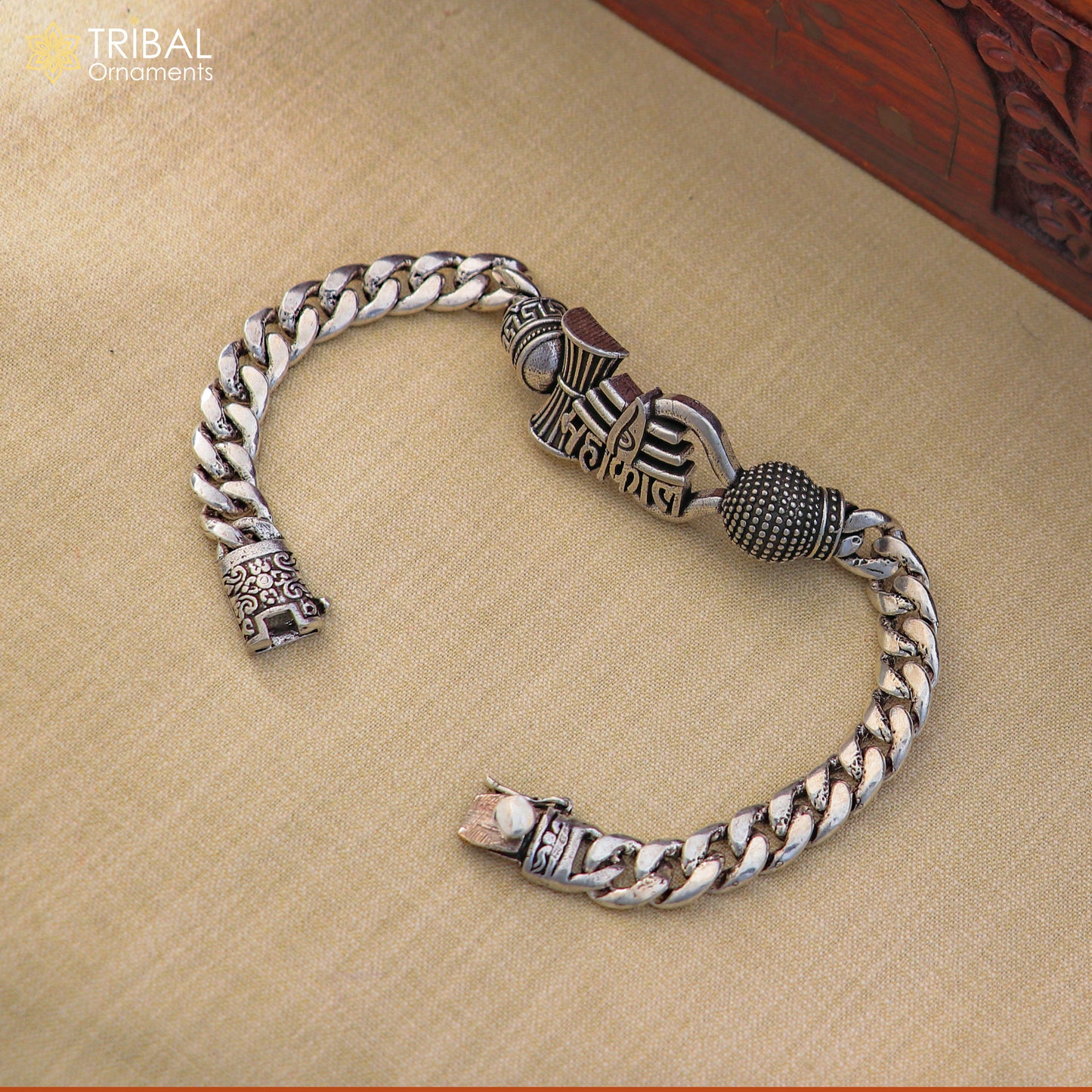 925 sterling silver Mahakal curb heavy chain bracelet for men, tribal ornament jewelry, sturdy and stylish men's accessory.