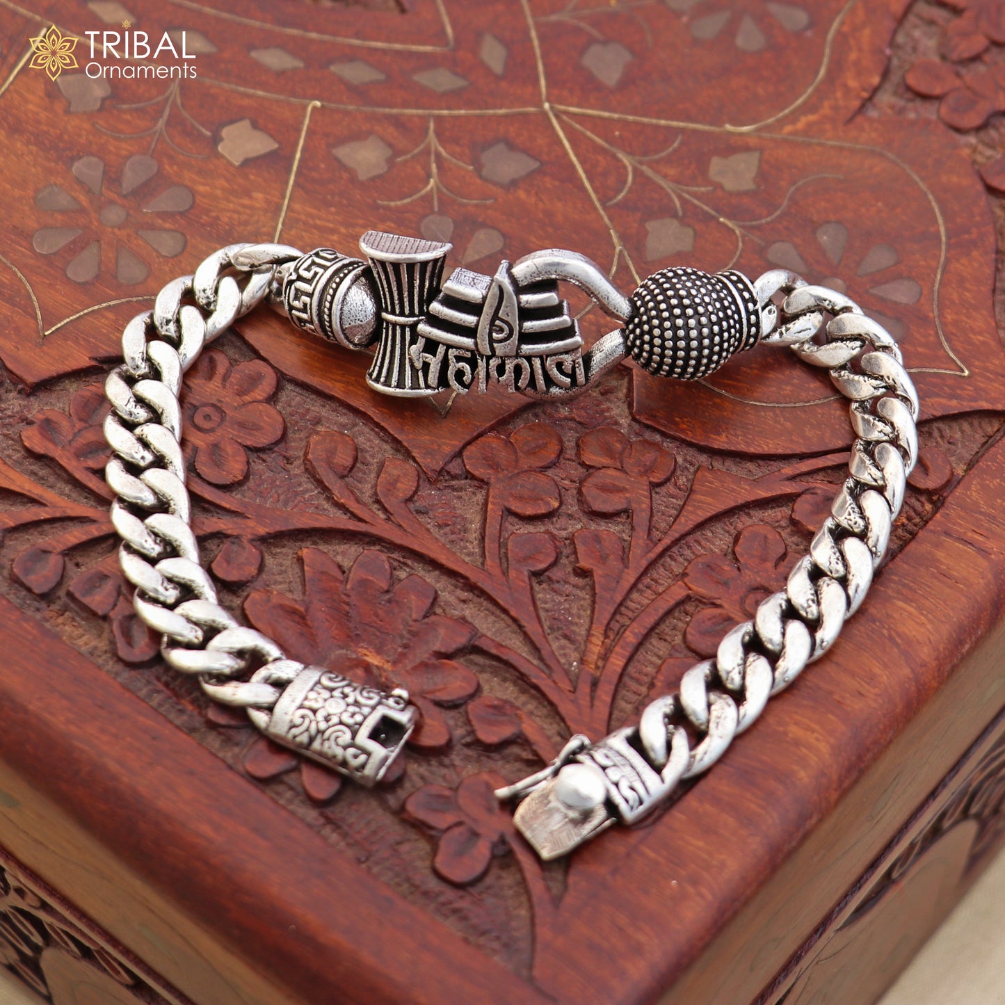 925 sterling silver Mahakal curb chain bracelet for men, heavy jewelry piece with detailed design by TRIBAL ORNAMENTS.