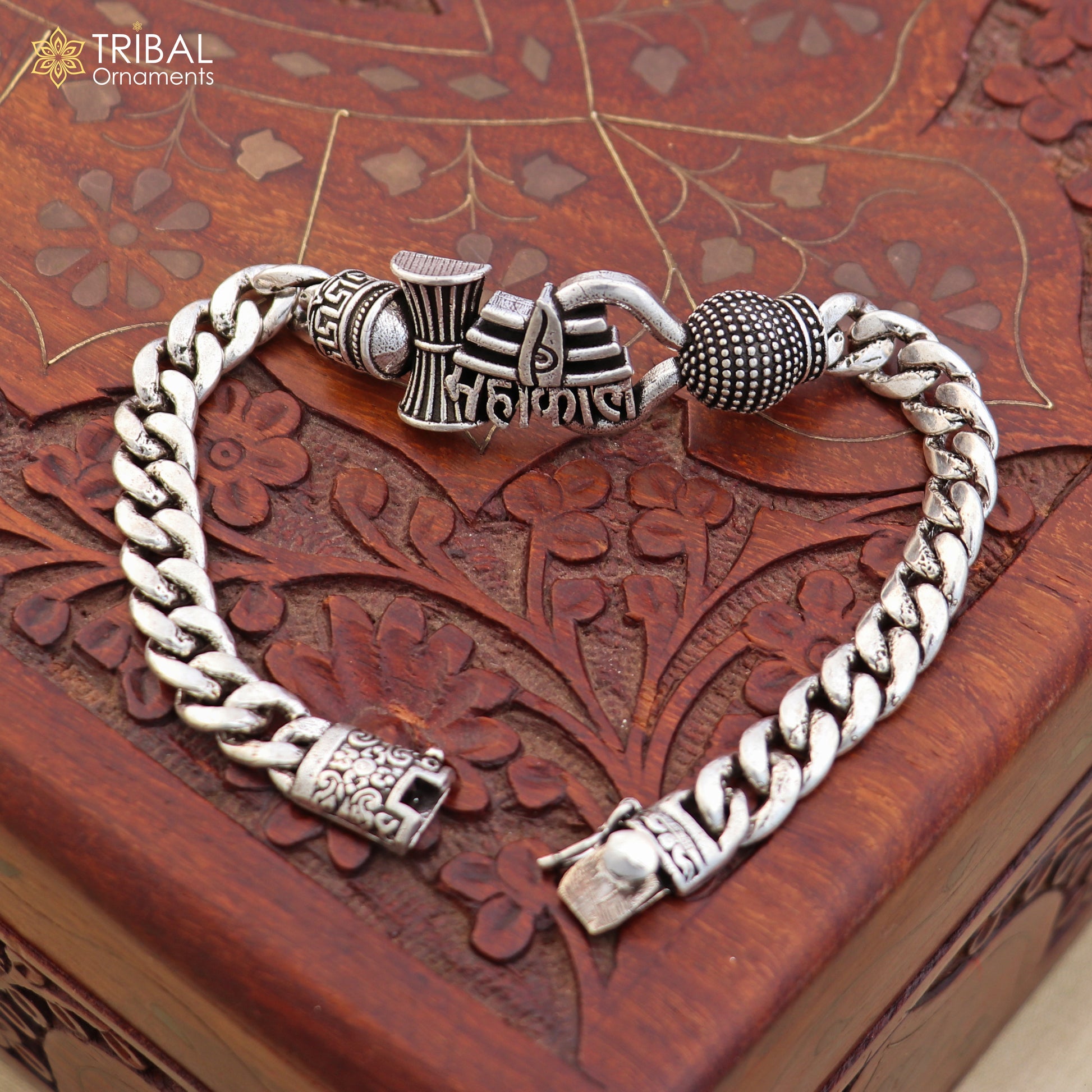 925 sterling silver Mahakal curb chain bracelet for men, heavy jewelry piece with detailed design by TRIBAL ORNAMENTS.