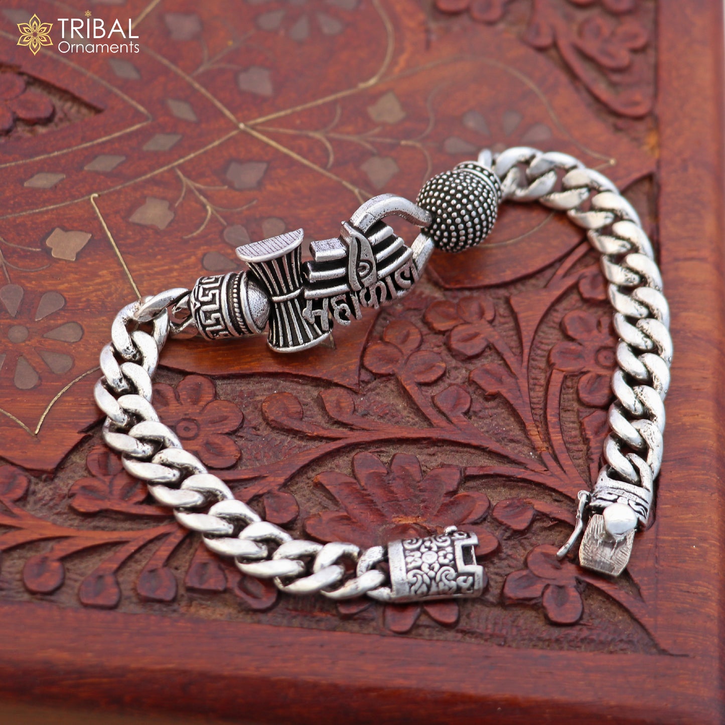 925 sterling silver Mahakal curb chain bracelet for men, featuring a heavy design and intricate Mahakal detailing by TRIBAL ORNAMENTS.