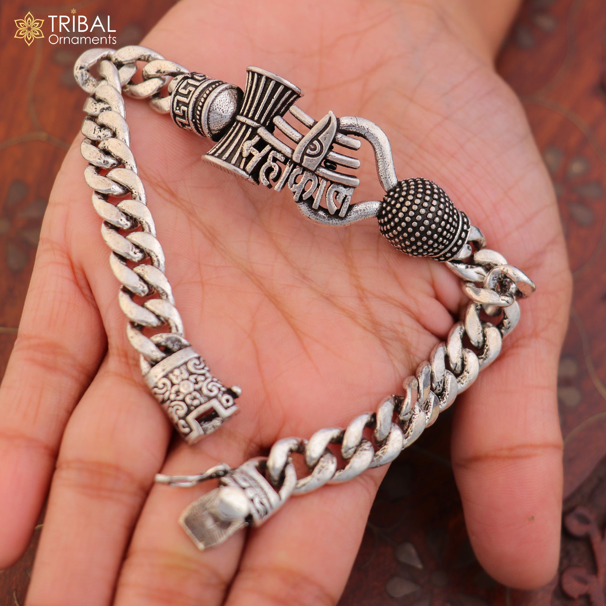925 sterling silver Mahakal curb heavy chain bracelet for men, featuring intricate design and bold jewelry style by TRIBAL ORNAMENTS.