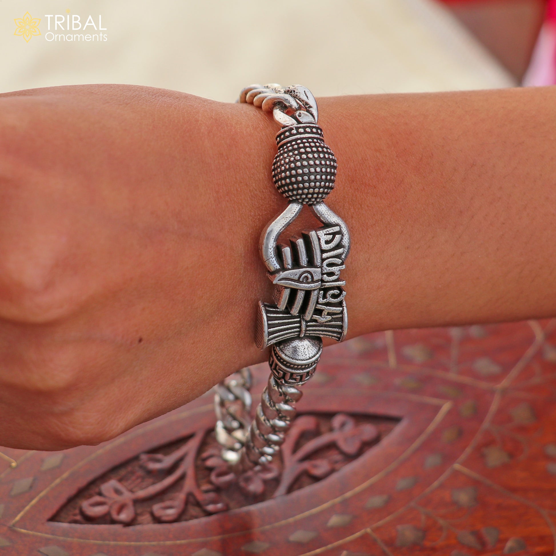 925 sterling silver Mahakal curb chain bracelet for men, heavy jewelry piece with intricate design by TRIBAL ORNAMENTS.