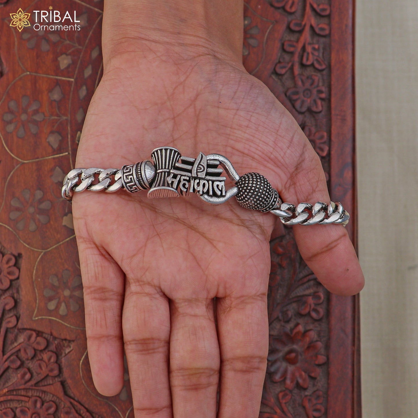 925 sterling silver Mahakal curb heavy chain bracelet for men, tribal jewelry with intricate design details