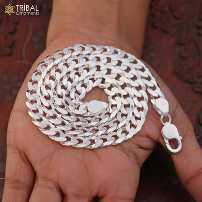 925 sterling silver Cuban link necklace for men, solid heavy chain jewelry by TRIBAL ORNAMENTS, close-up of the chain design.