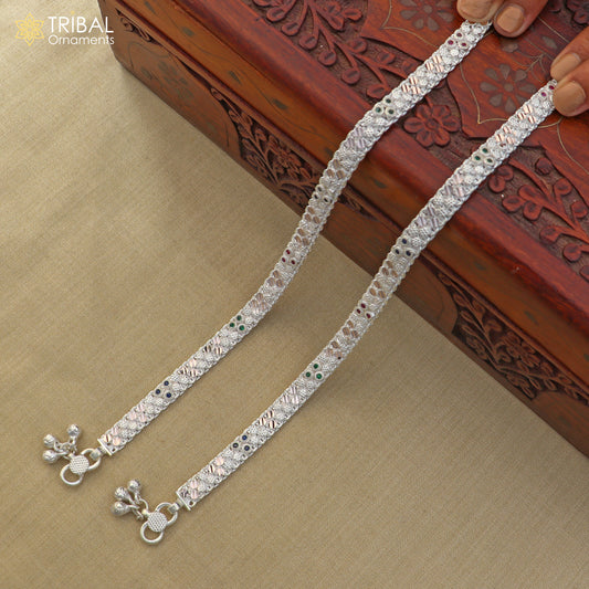 Sterling silver vintage anklet with colorful stones, intricate design, suitable for foot jewelry and belly dance accessories.