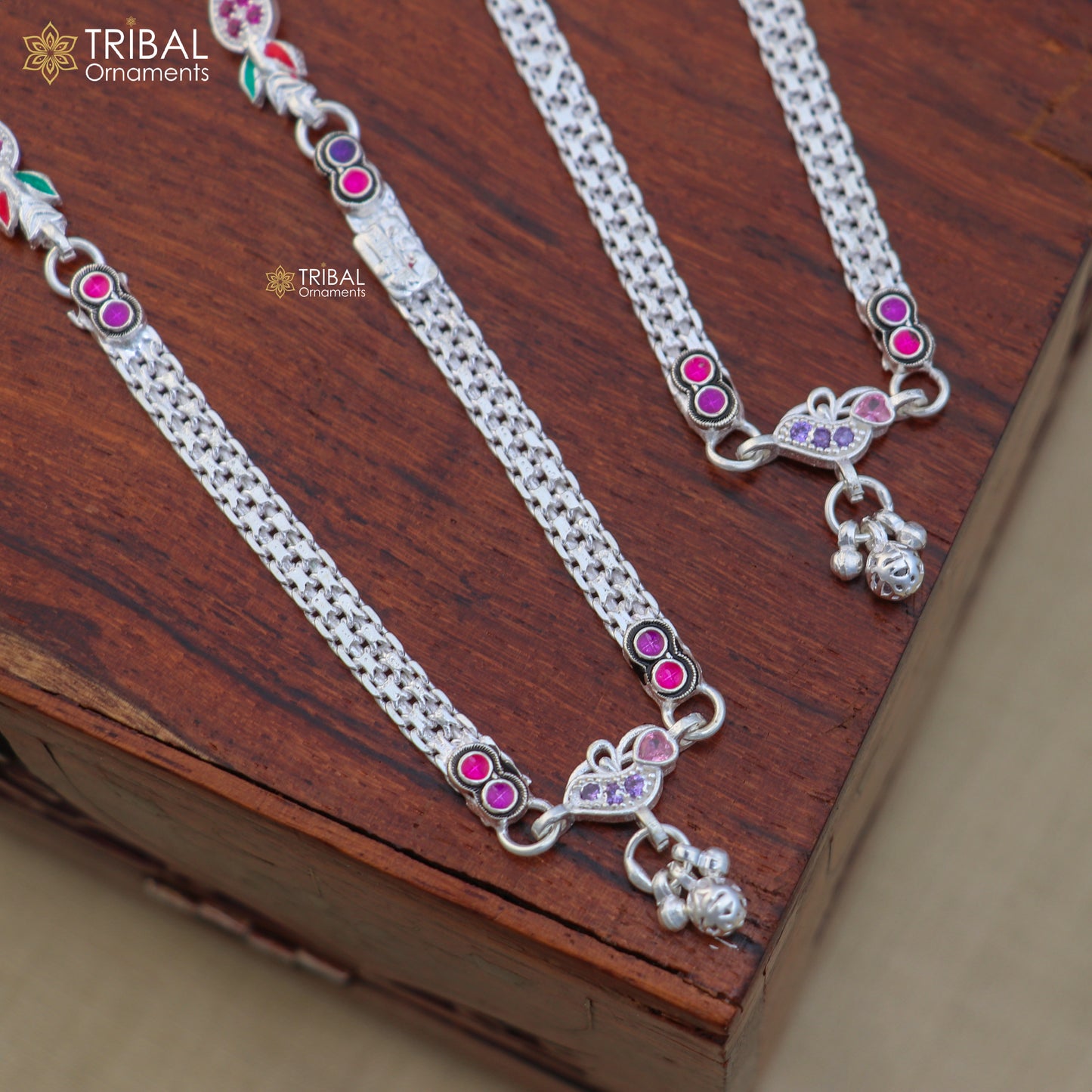 Elegant 10.5-inch sterling silver anklet by TRIBAL ORNAMENTS, featuring intricate designs for daily wear and belly dance jewelry.