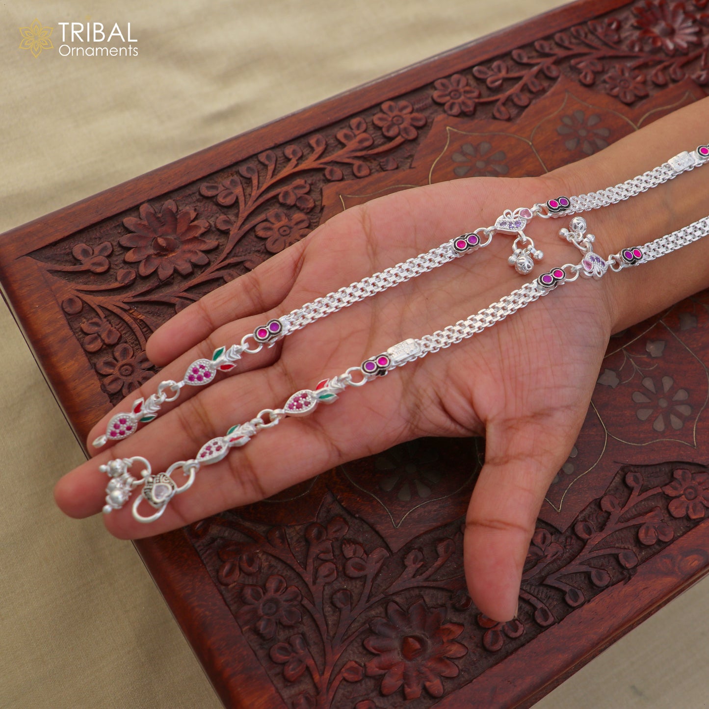 Elegant 10.5-inch sterling silver anklet by TRIBAL ORNAMENTS, featuring intricate design for daily wear and belly dance jewelry.