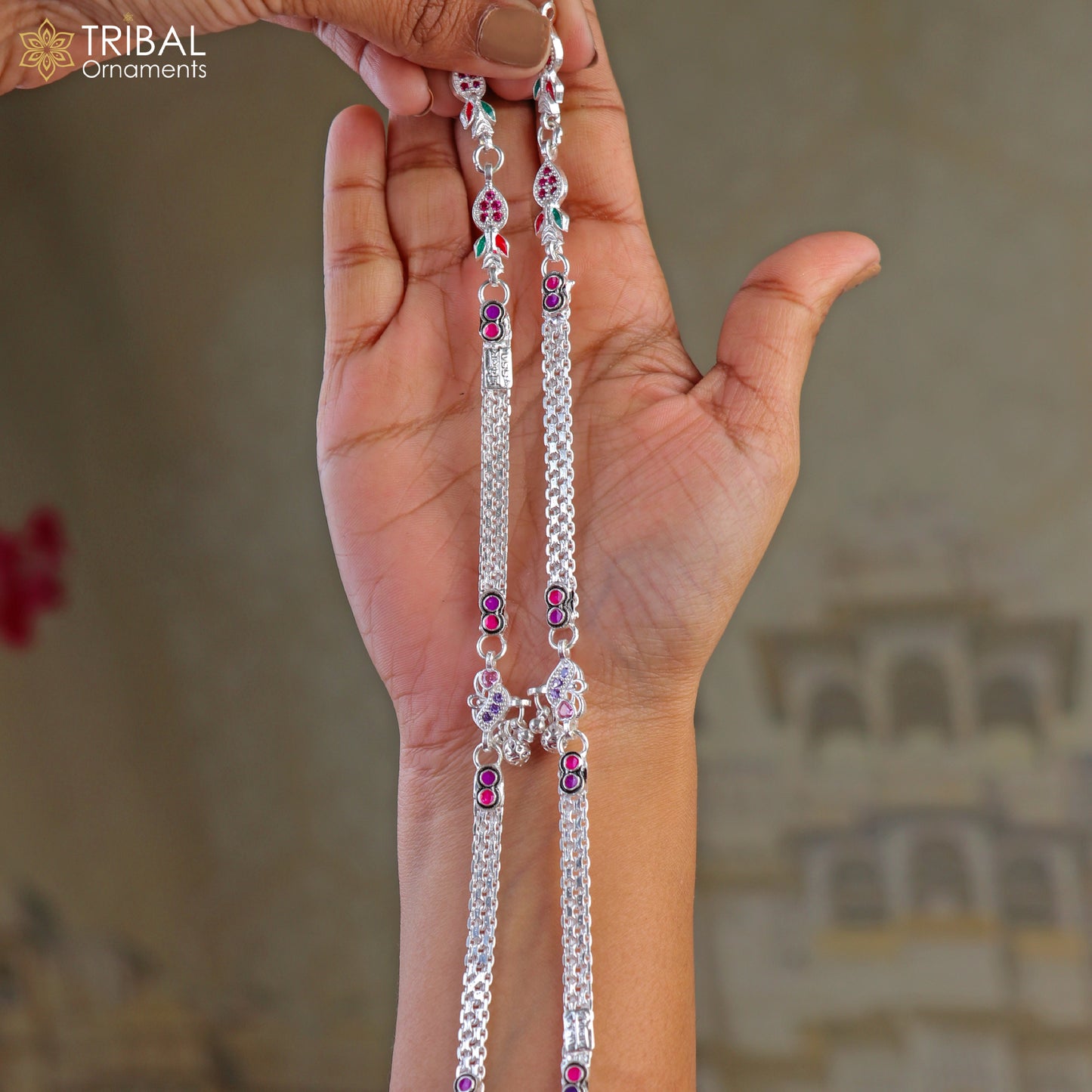 Elegant 10.5-inch sterling silver anklet by TRIBAL ORNAMENTS, featuring intricate daily wear foot bracelet design.