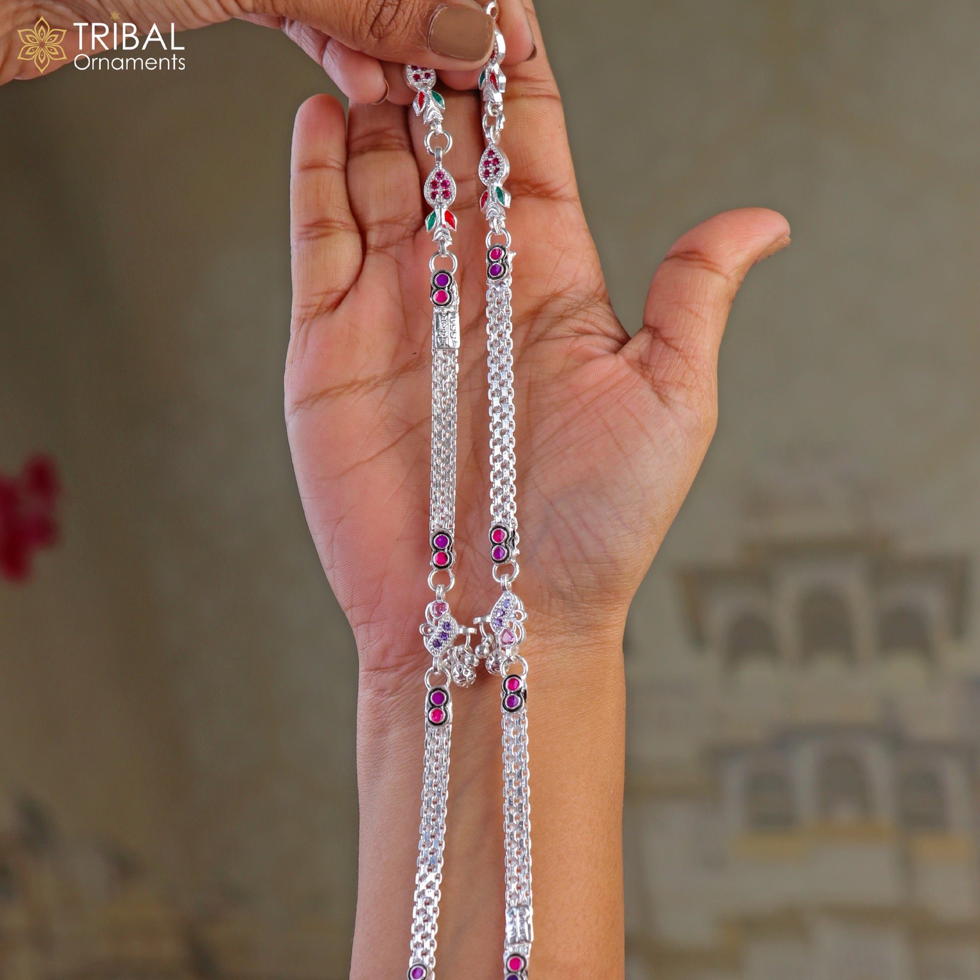 Elegant 10.5-inch sterling silver anklet by TRIBAL ORNAMENTS, featuring intricate daily wear foot bracelet design.